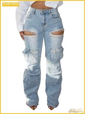 Women Baggy Cargo Jeans Wide Leg High Waisted Camo Army Denim Pants Plus Size